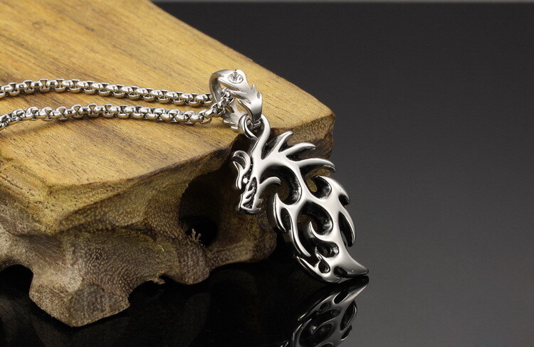 Dragon Flame Necklace for Men or Women Stainless Steel Gothic Biker Ginger Ly…