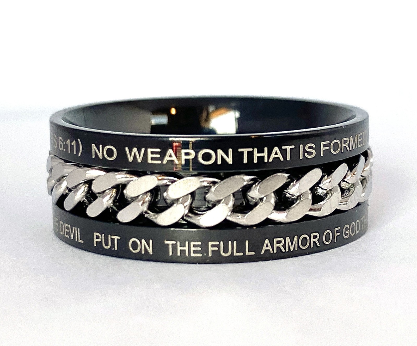Isaiah 54:17, Ephesians 6:11 Bible Verse Black Steel Ring w/Center Chain Spinner