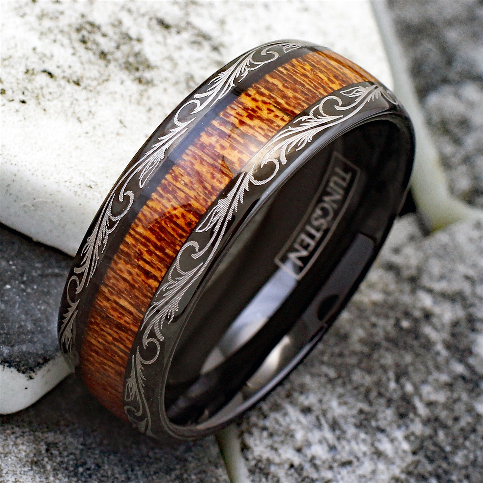 Men’s Tungsten Ring 8mm Black w/ Wood Grain Leaf Edge Wedding Band