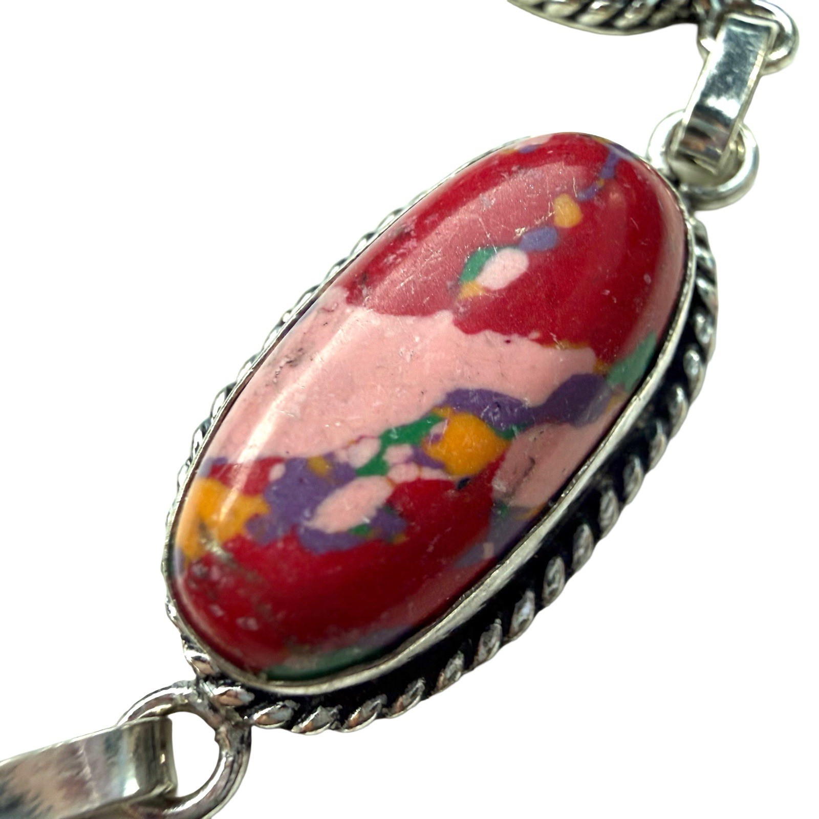 Mosaic Jasper Gemstone Sterling Silver Handmade Bracelet 23 G 7.5 To 8.5” NWOT