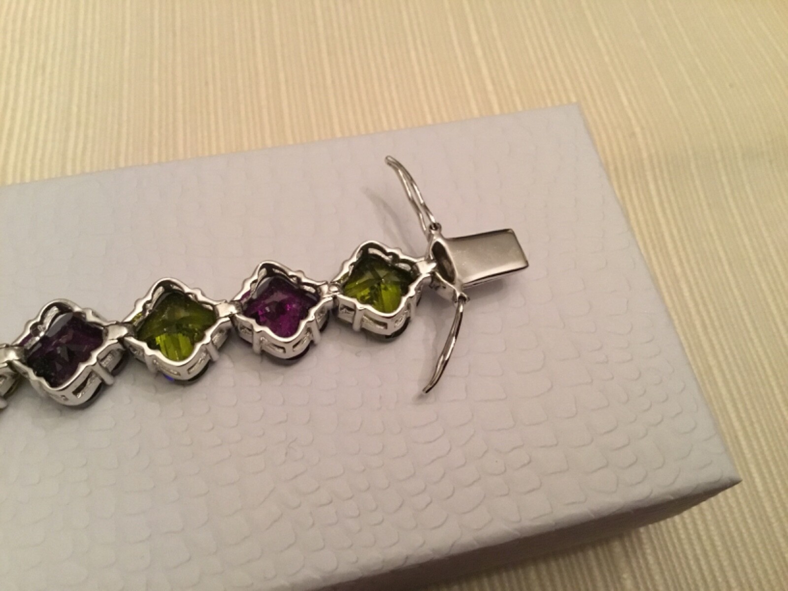 Sterling Silver PURPLE AND GREEN QUARTZ TENNIS BRACELET 6.5” DESIGNER SIGNED JJJ