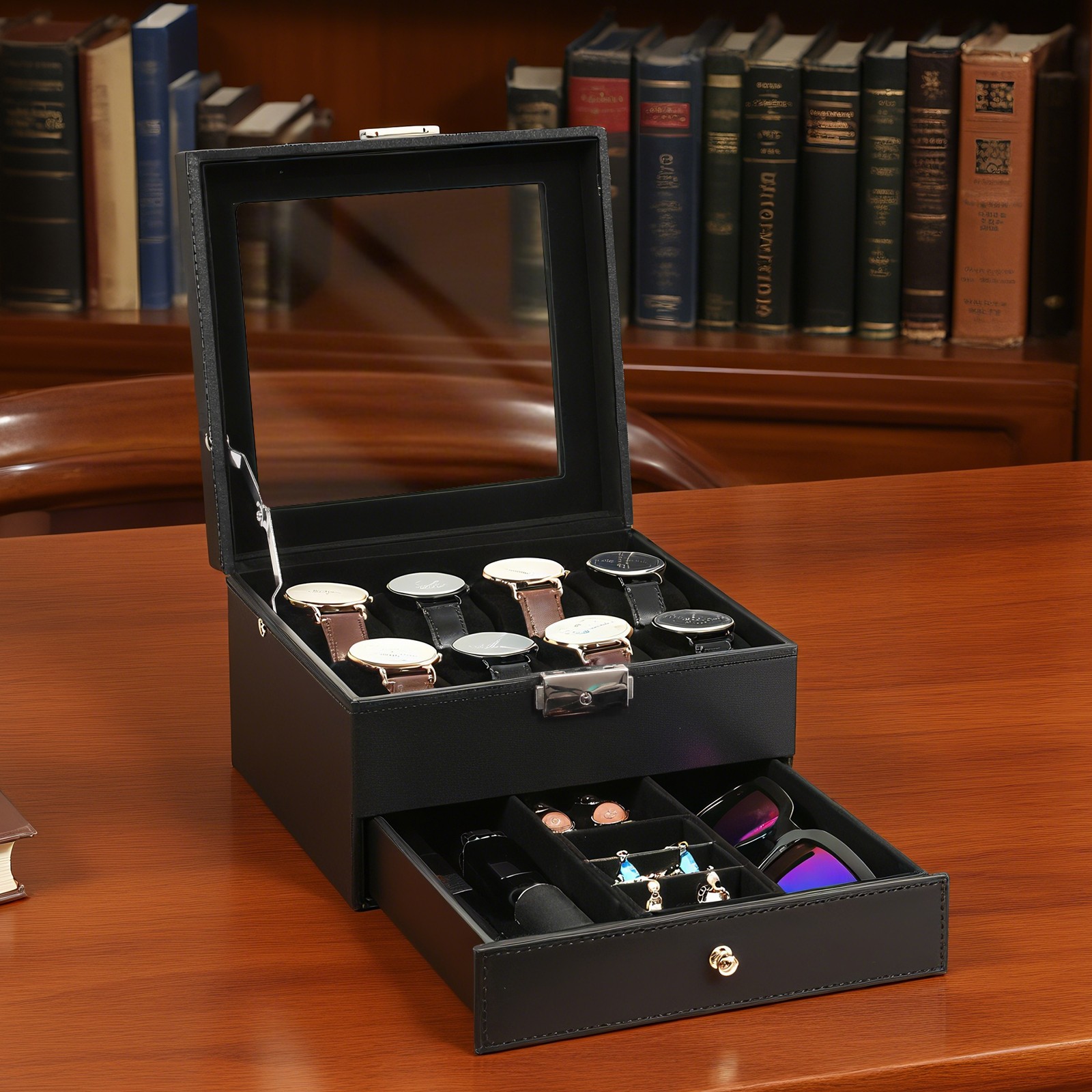 8-Slot Watch Box Lockable Watch Case 2 Layers with 1 Drawer for Rings Watch Gift