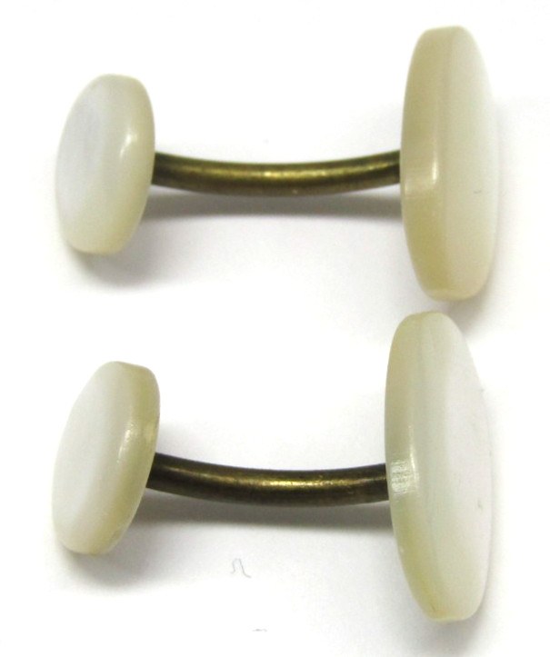Vintage Mother of Pearl Oval Cufflinks Mid Century Fixed Link Brass Mens Wear
