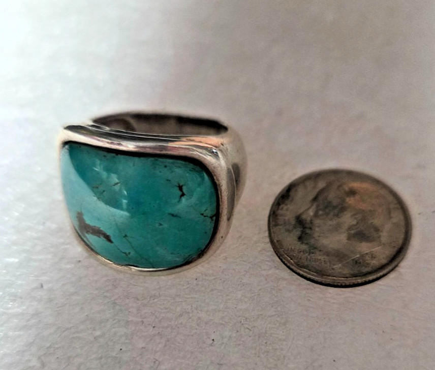 Old Pawn Chunky Unisex Sterling Silver Curved Turquoise Ring Size 6.25 11.7g