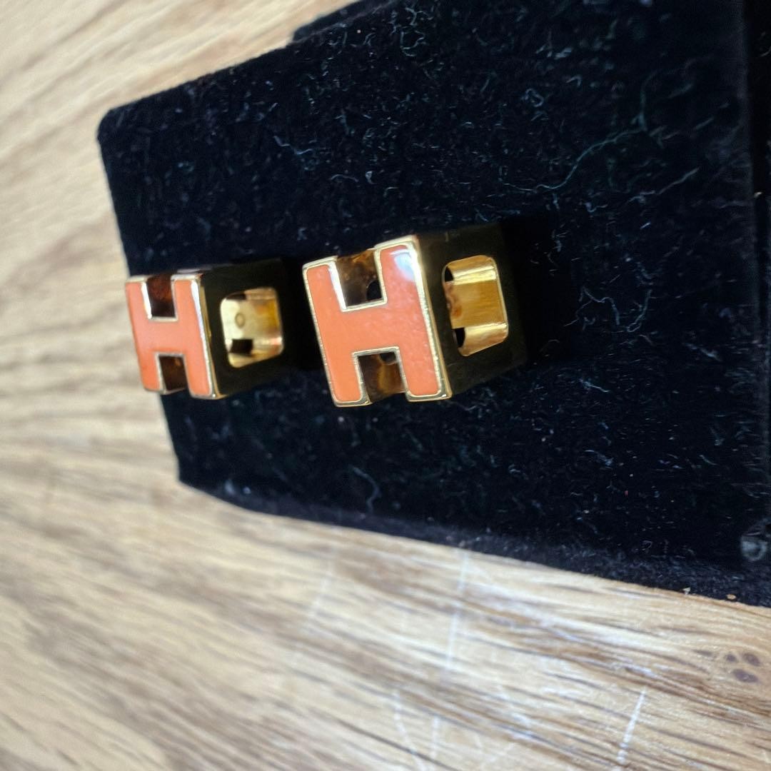 HERMES Orange H Logo Earrings