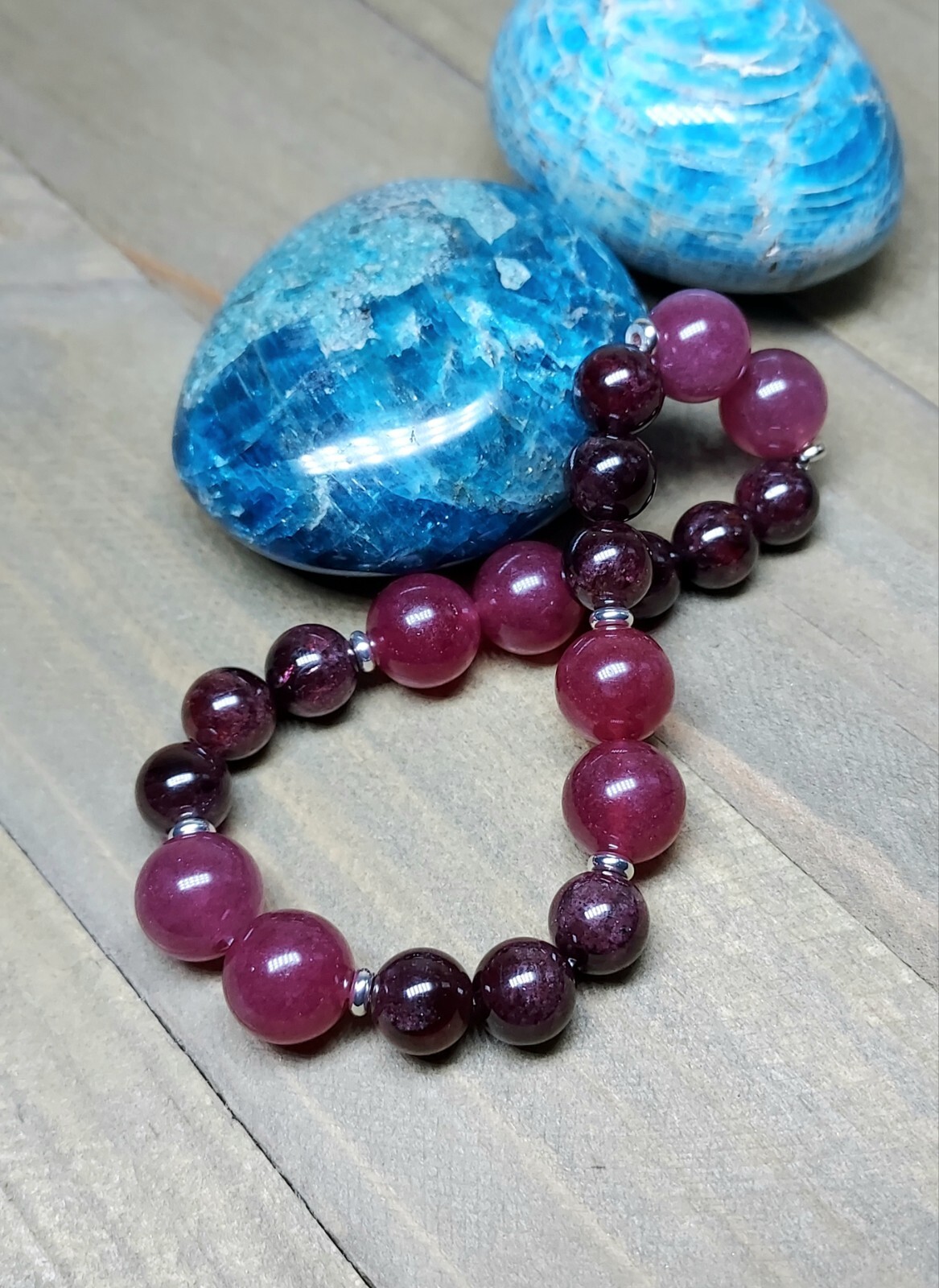 Red Garnet Gem Bead Bracelet With Dark Pink Strawberry Quartz Stretchy 6.75″