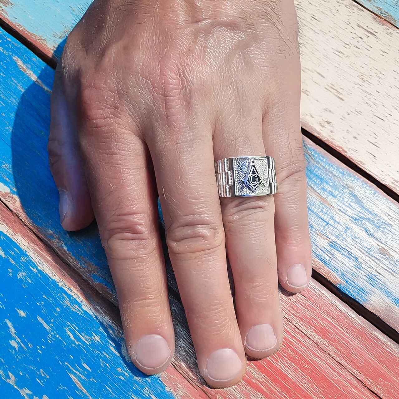 Men’s Sterling Silver Masonic Square Watchband Ring