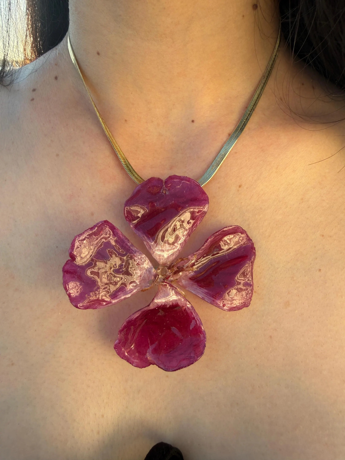 Real Pink Orchid Resin Necklace | Silver Edged Floral Pendant | Stainless Steel
