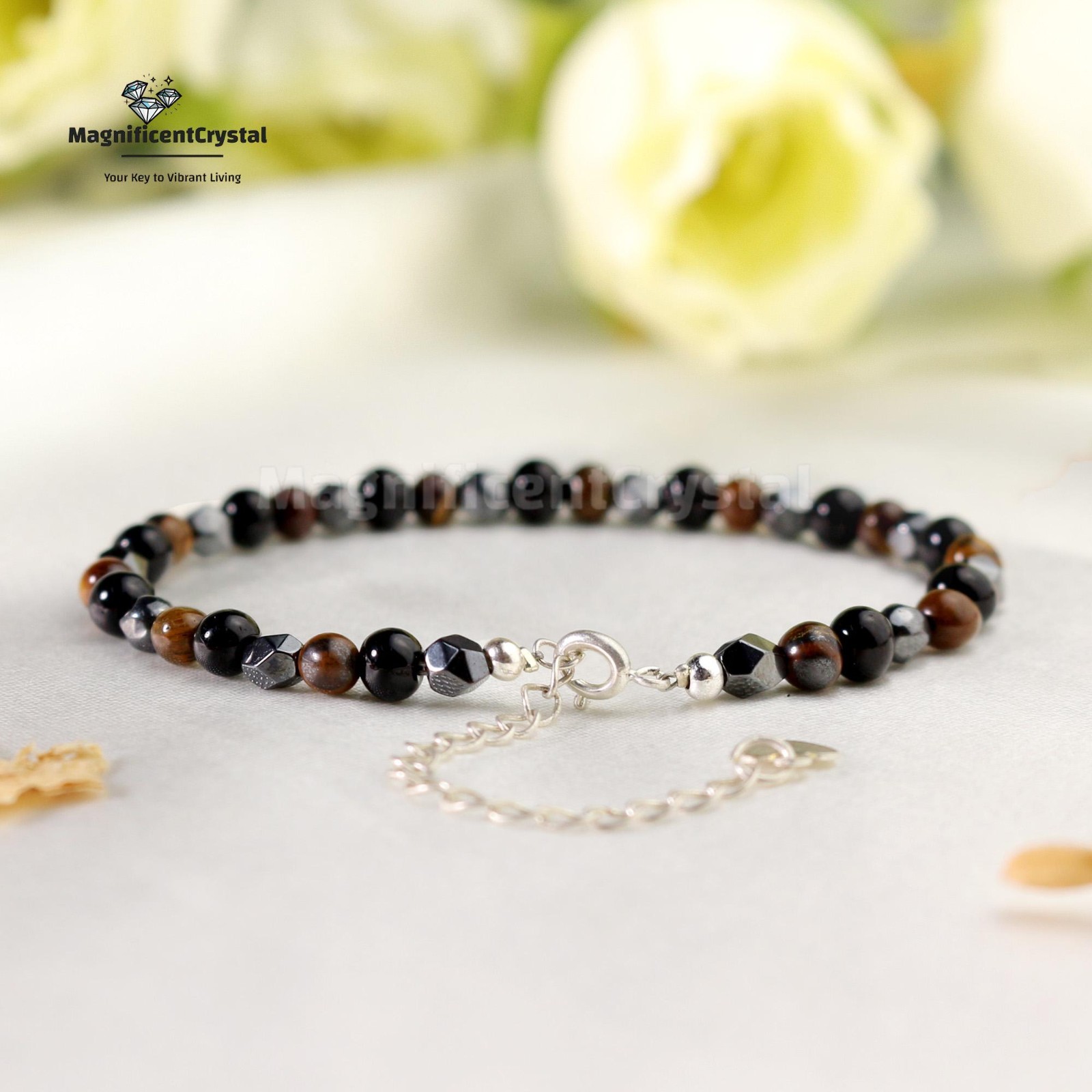 Protection Bracelet Genuine Tiger Eye Obsidian Hematite Jewelry Stone of Courage