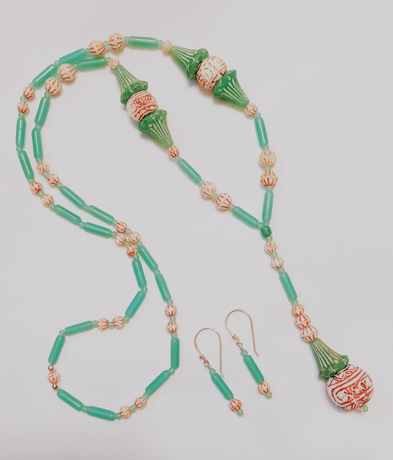 Vintage 20’s LONG Glass Beads Newly Custom Made Necklace Earrings 30in
