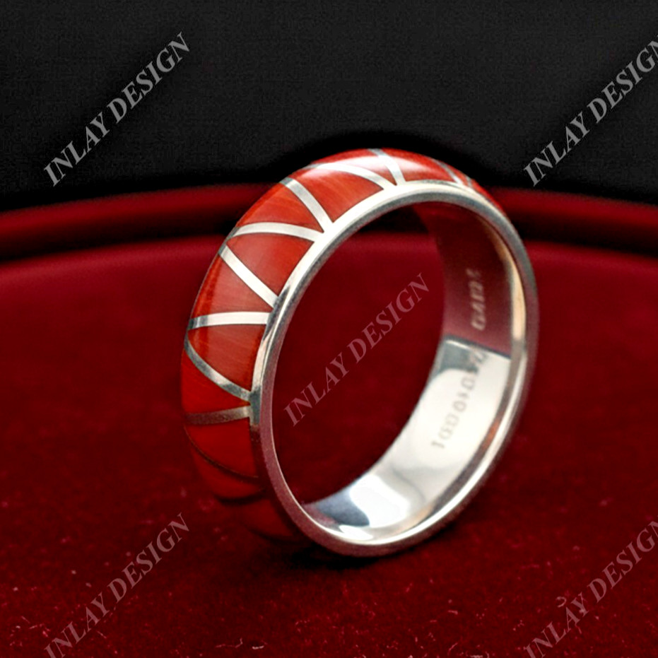 Natural Coral Gemstone Ring In 925 Sterling Silver Trillion Shape Inlay Jewelry.