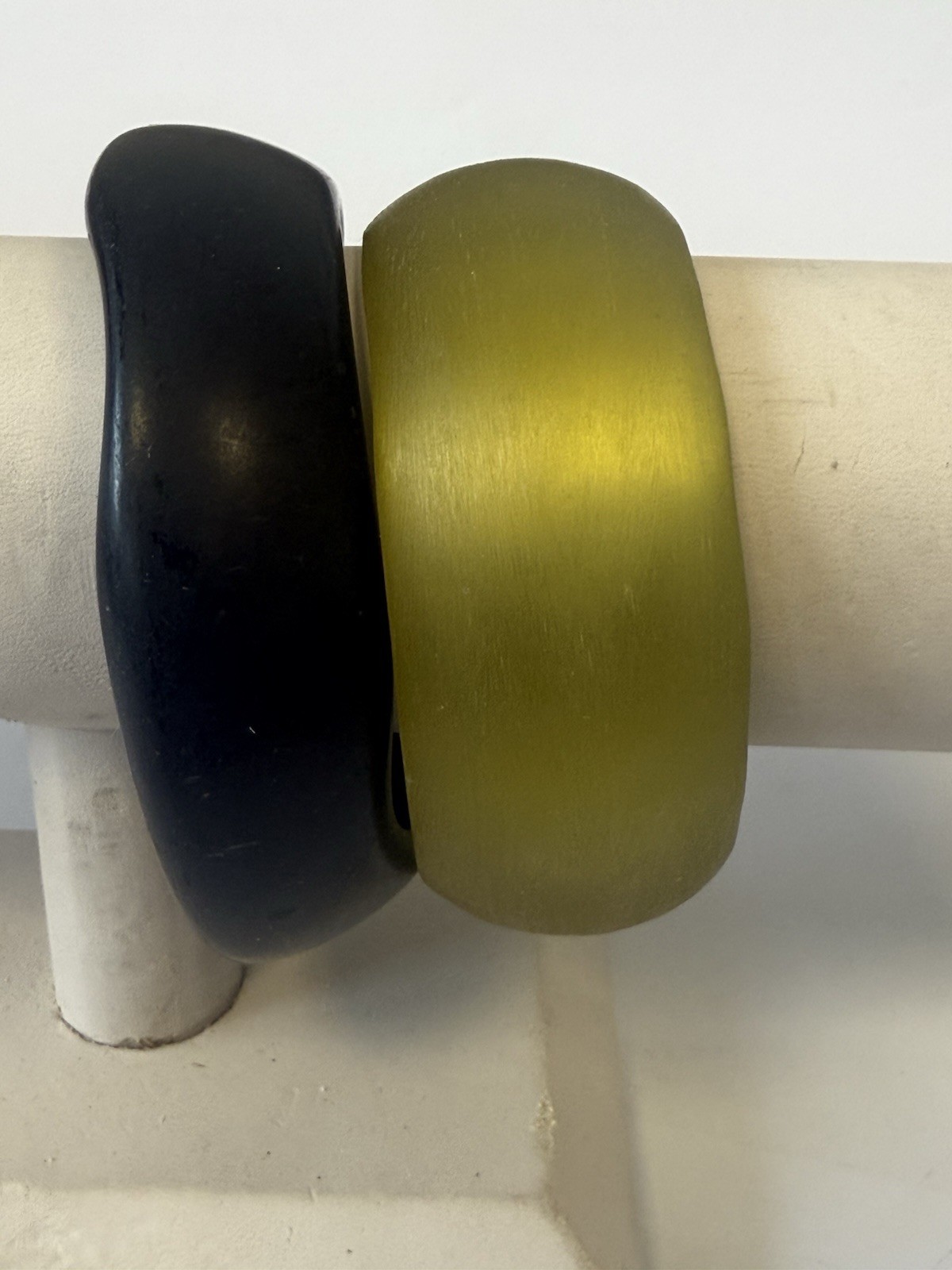 Beautiful Set Of 2 Retro Plexi Bangle/Bracelet Light Olive And Black Off Shape