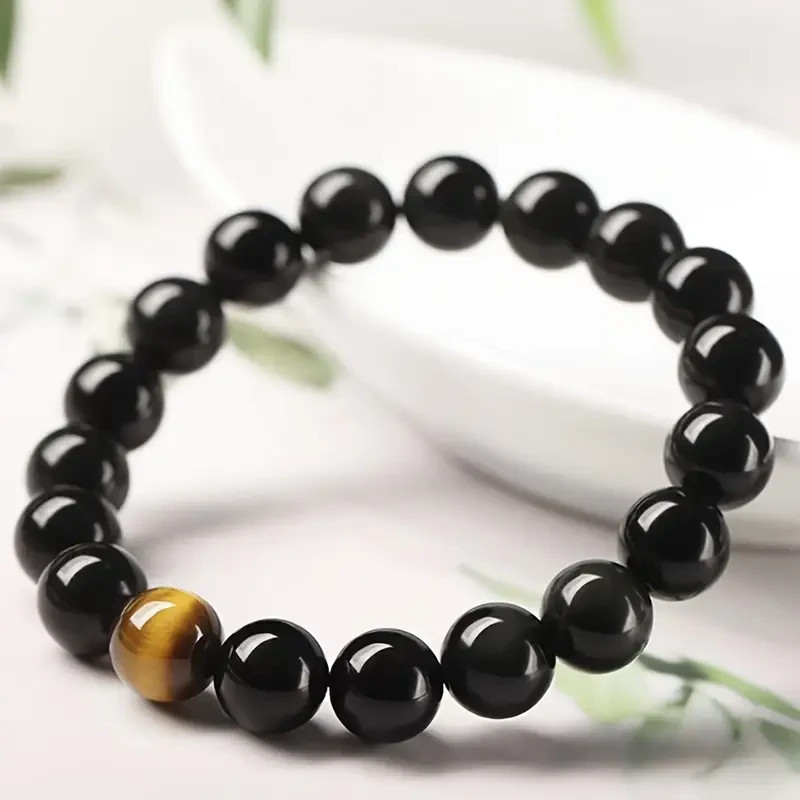 Handmade Black Obsidian & Tiger’s Eye Beaded Bracelet: Crystal Healing Jewelry