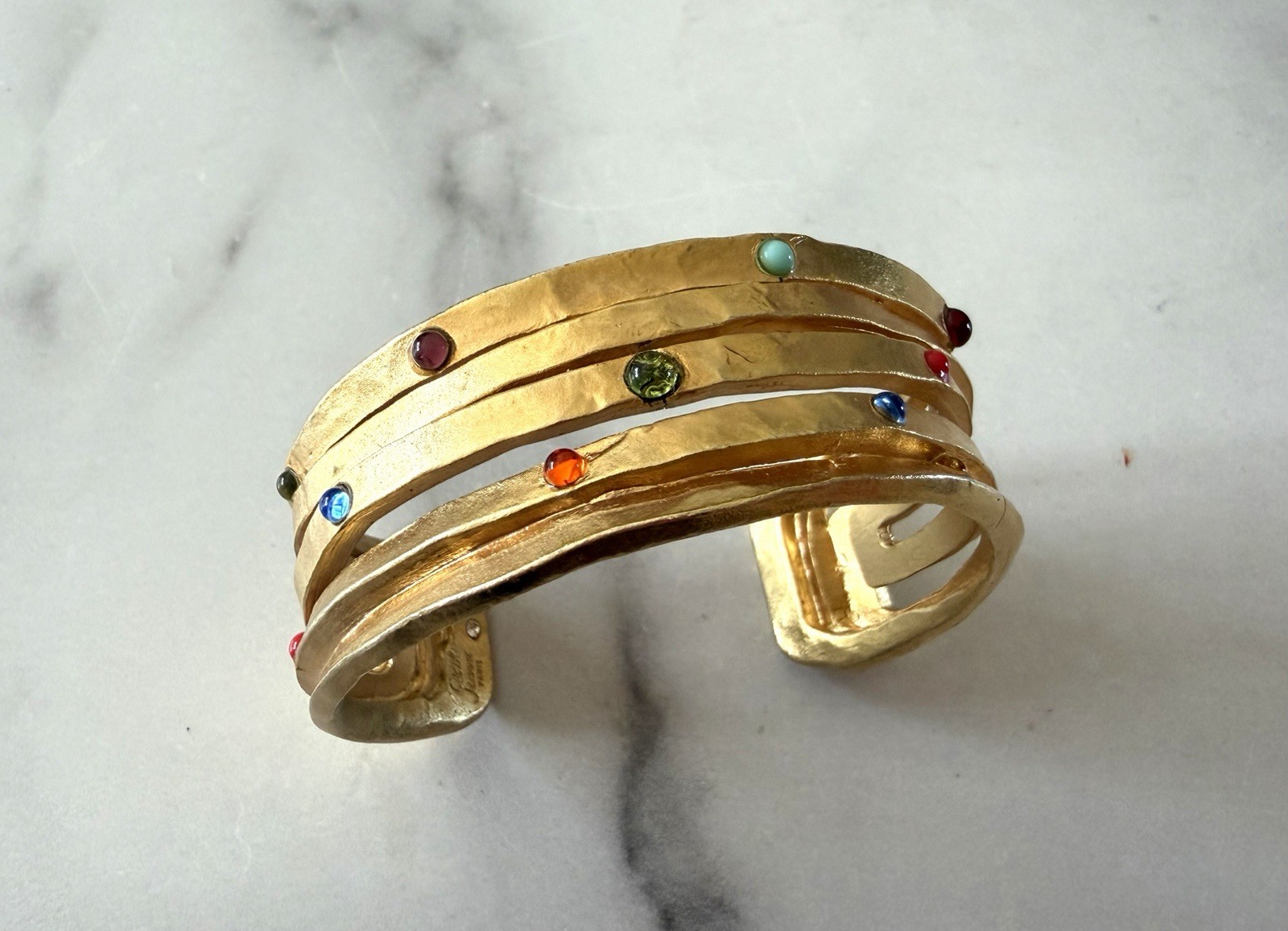 Cecile Jeanne Paris Gold Plated Blue Red Green Cabochon Glass Cuff Bracelet