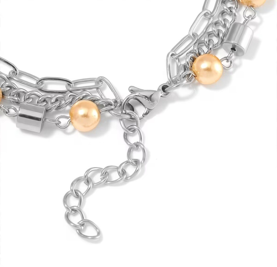 Golden Color Shell Pearl 3 Row Bracelet in Stainless Steel (7.5-9.0In)