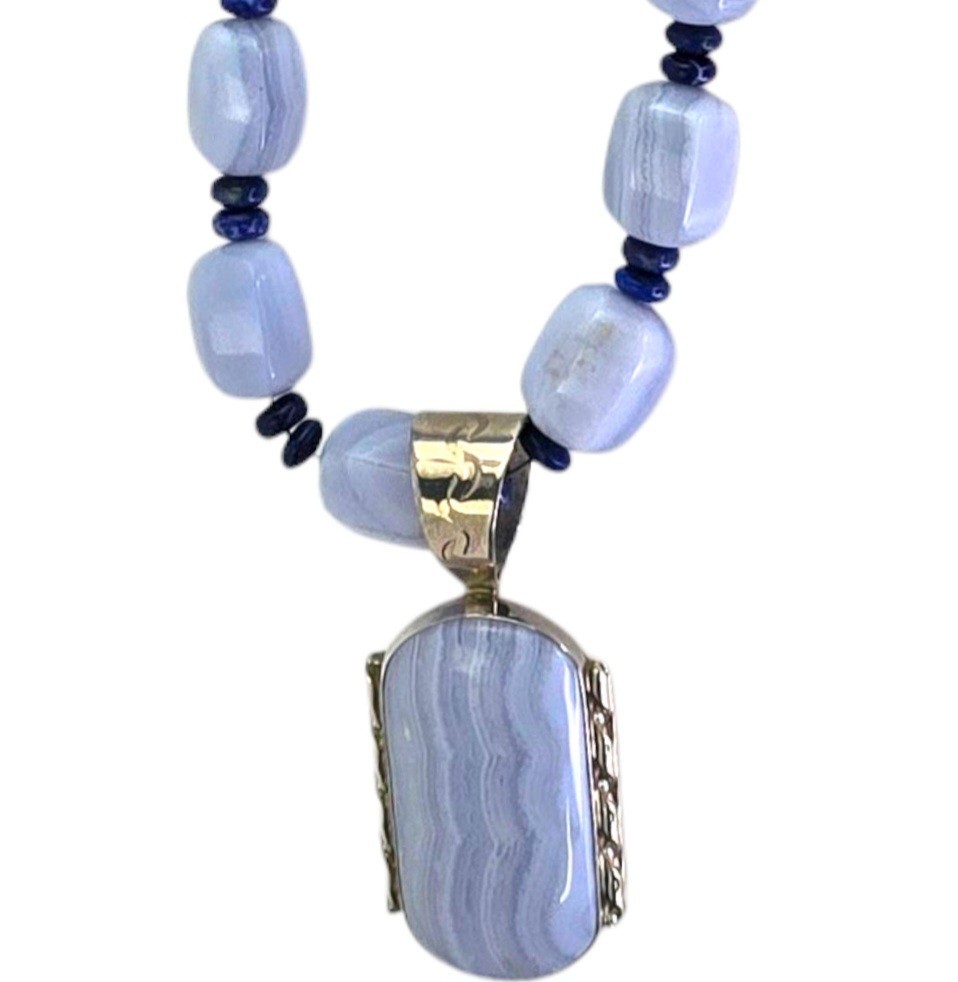 Mine Finds By Jay King DRT Blue Lace Agate Sterling Silver Bead Necklace Pendant