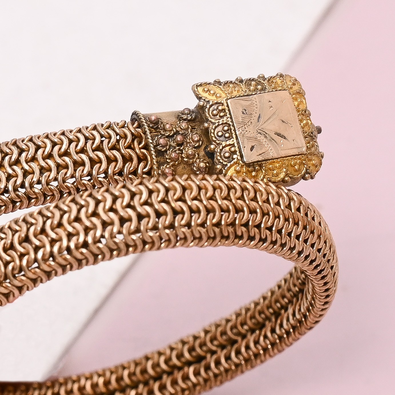 Antique Victorian Etruscan Revival Gold Filled Mesh Bypass Bracelet