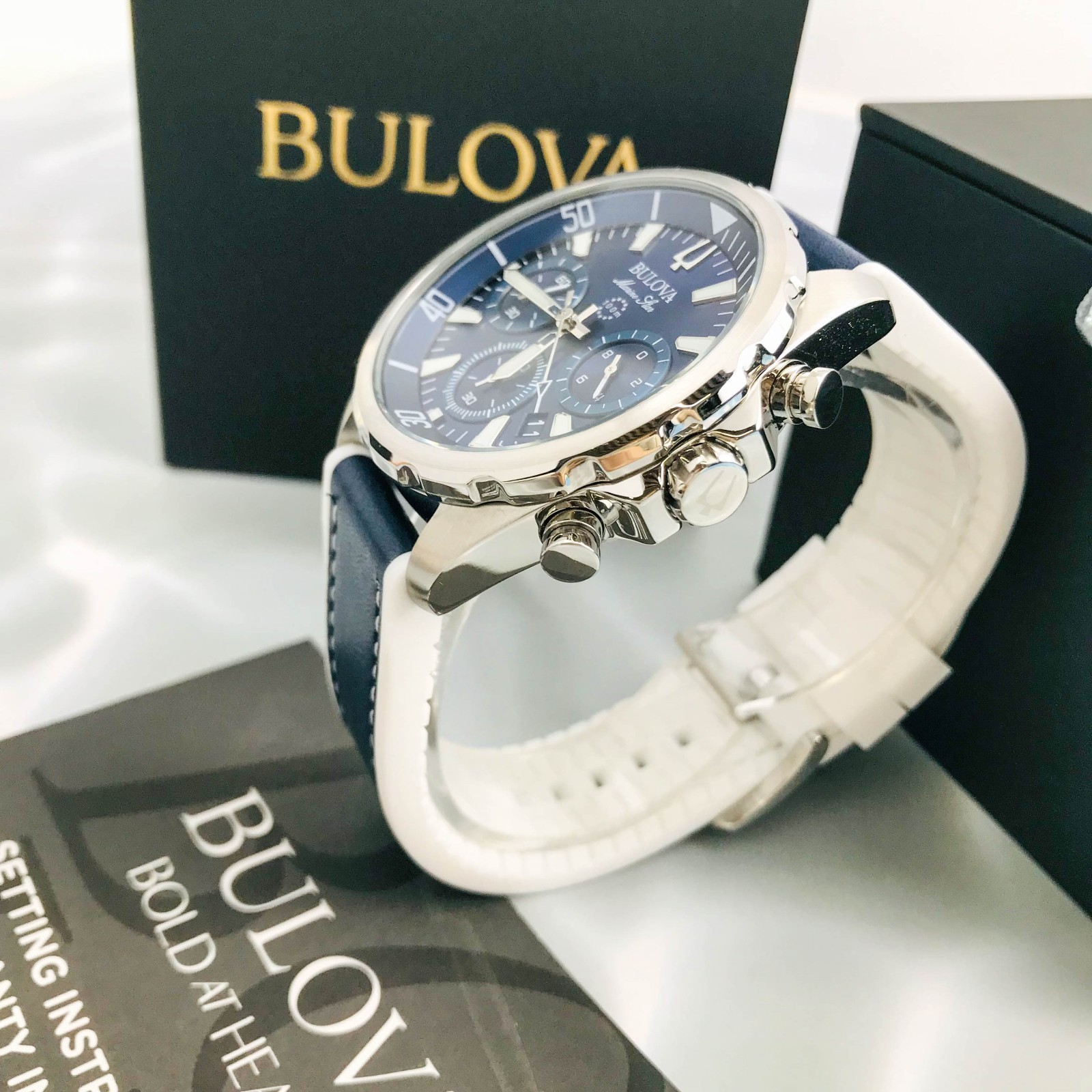 Bulova Marine Star 96B287 Blue Dial Chrono Silicone Strap Mens Quartz Watch 43mm
