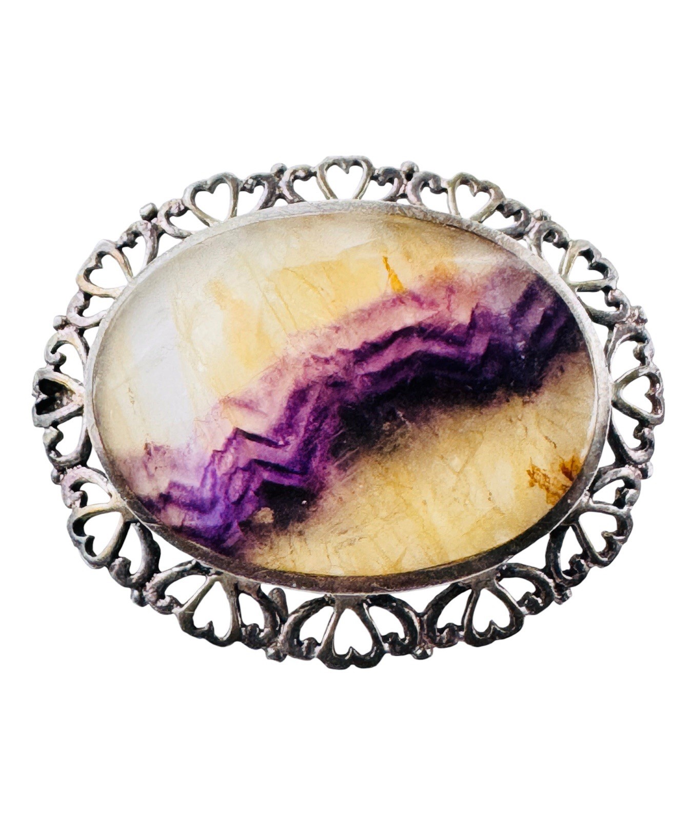Vintage Sterling Silver Blue John Fluorite Brooch Pin Sheffield Hallmarked