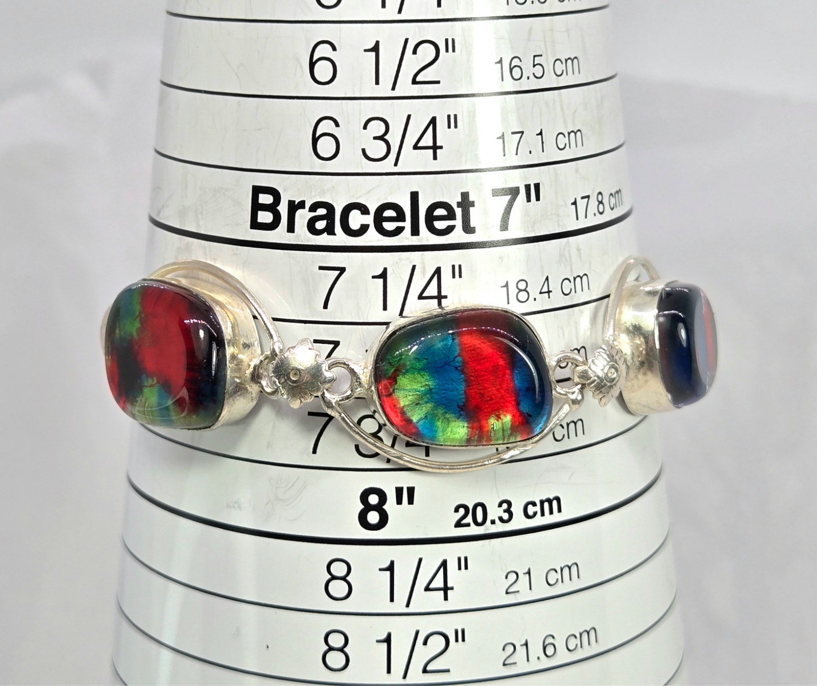 Red Blue Dichroic Glass Bracelet 925 Sterling Silver Link Toggle Clasp 7.5-8.25″