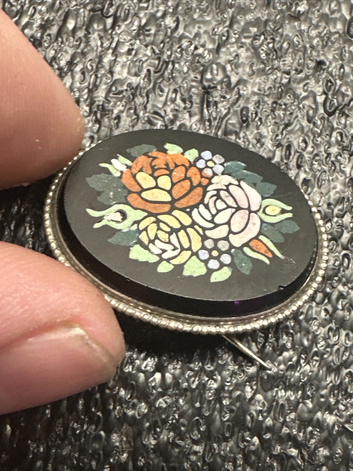 Antique Pietra dura inlay stone victorian brooch As Is