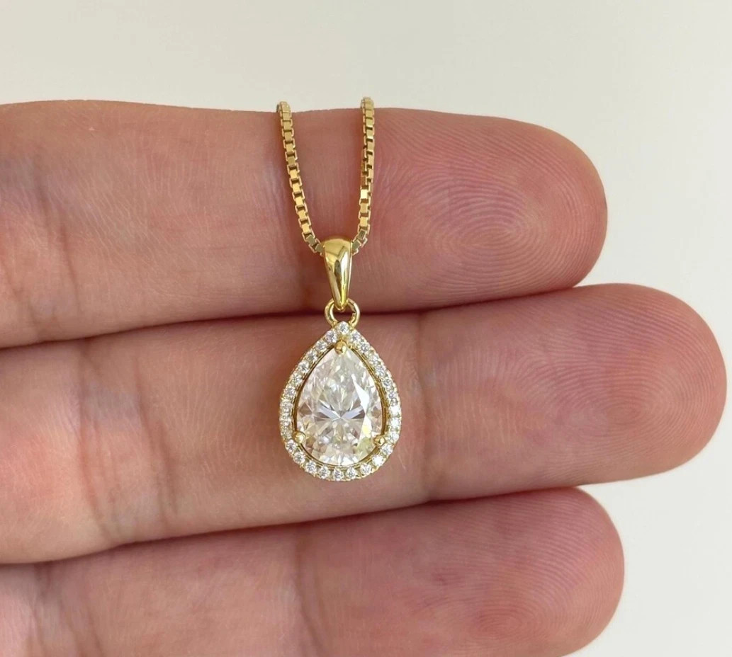 2.5Ct Pear Lab Created Diamond Halo 14K Yellow Gold FN Women’s Wedding Pendant