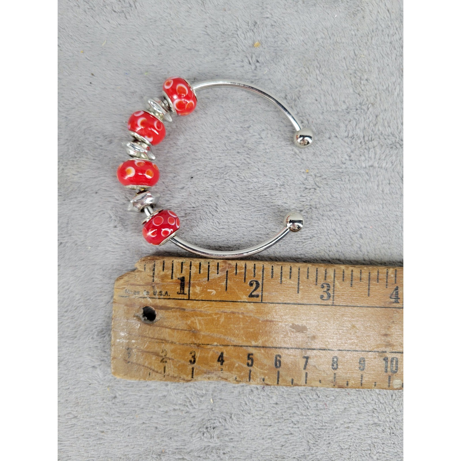 Silver Tone Cuff Bracelet Red Glass Beads Patterned Charm Bangle