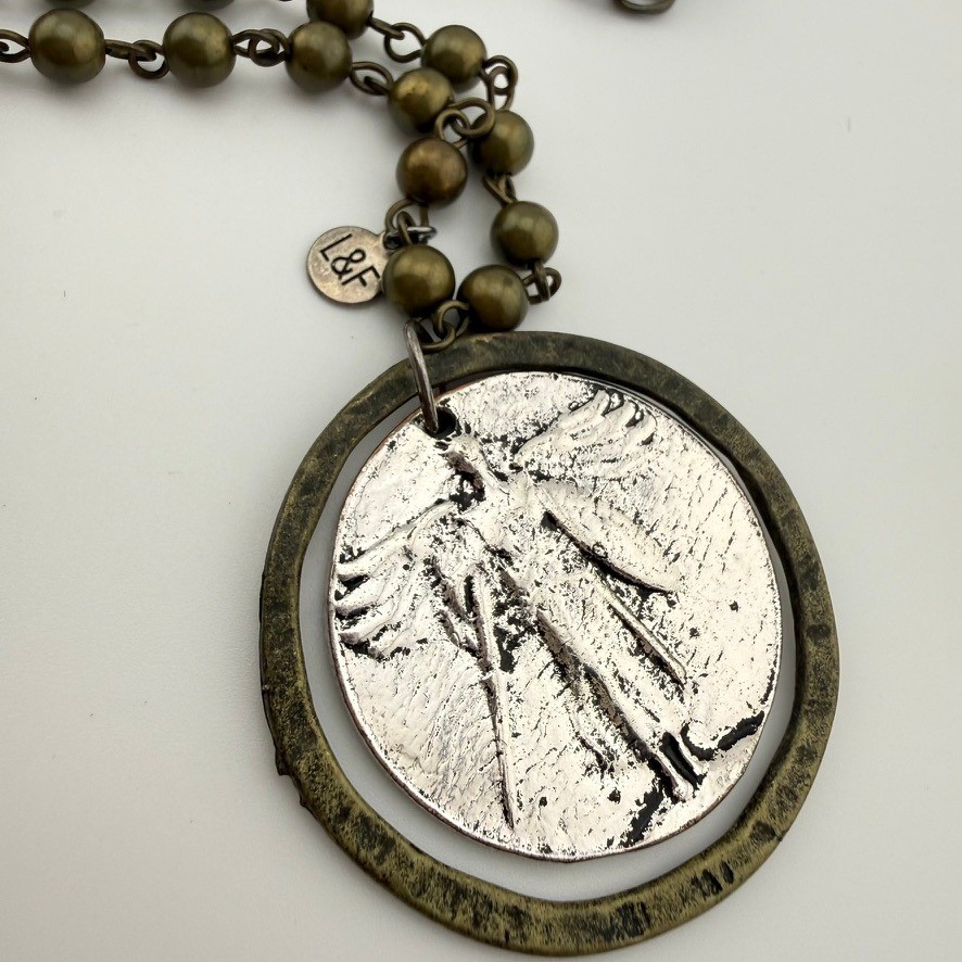 L&F Silver Tone Necklace WWI Victory Medal Pendant Mixed Metal Beaded Layered