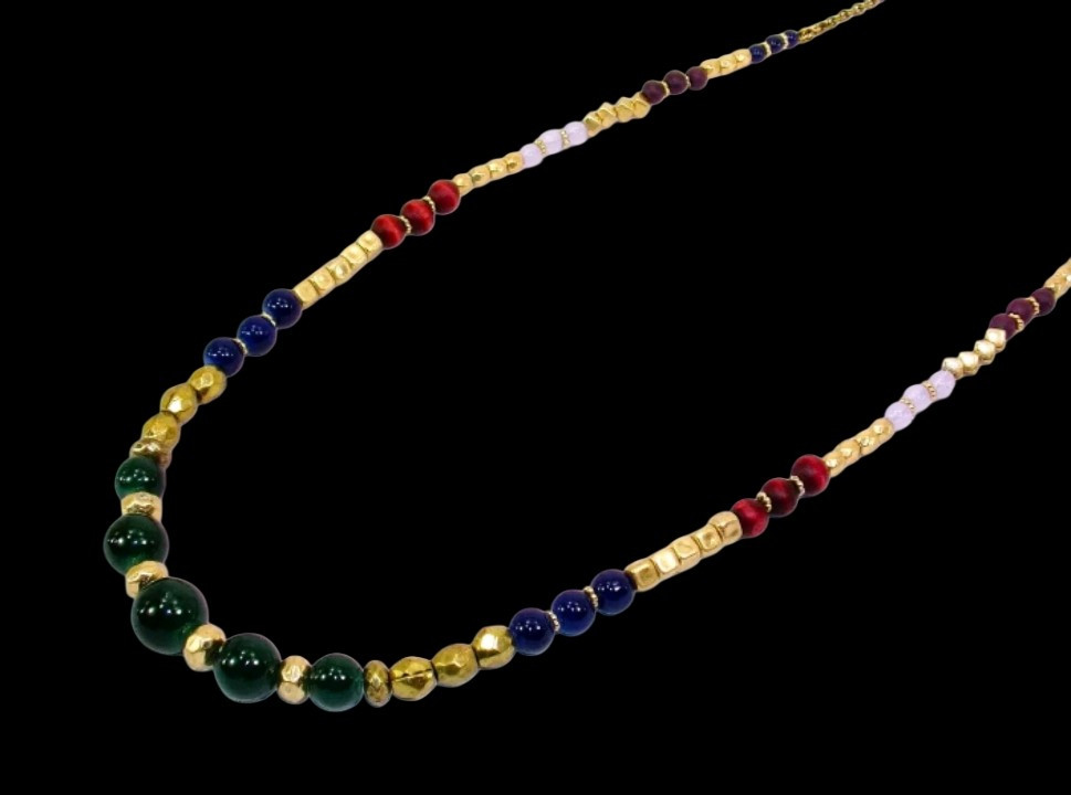 Multi color bead necklace with green, blue brown, gold glass and wood beads New