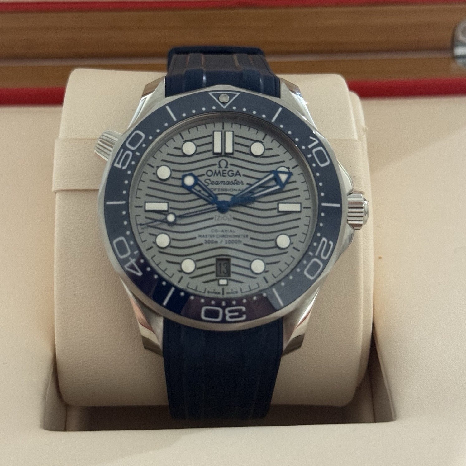 Omega Seamaster Diver 300M Gray Dial Blue Bezel 42mm Rubber & Steel Bracelet