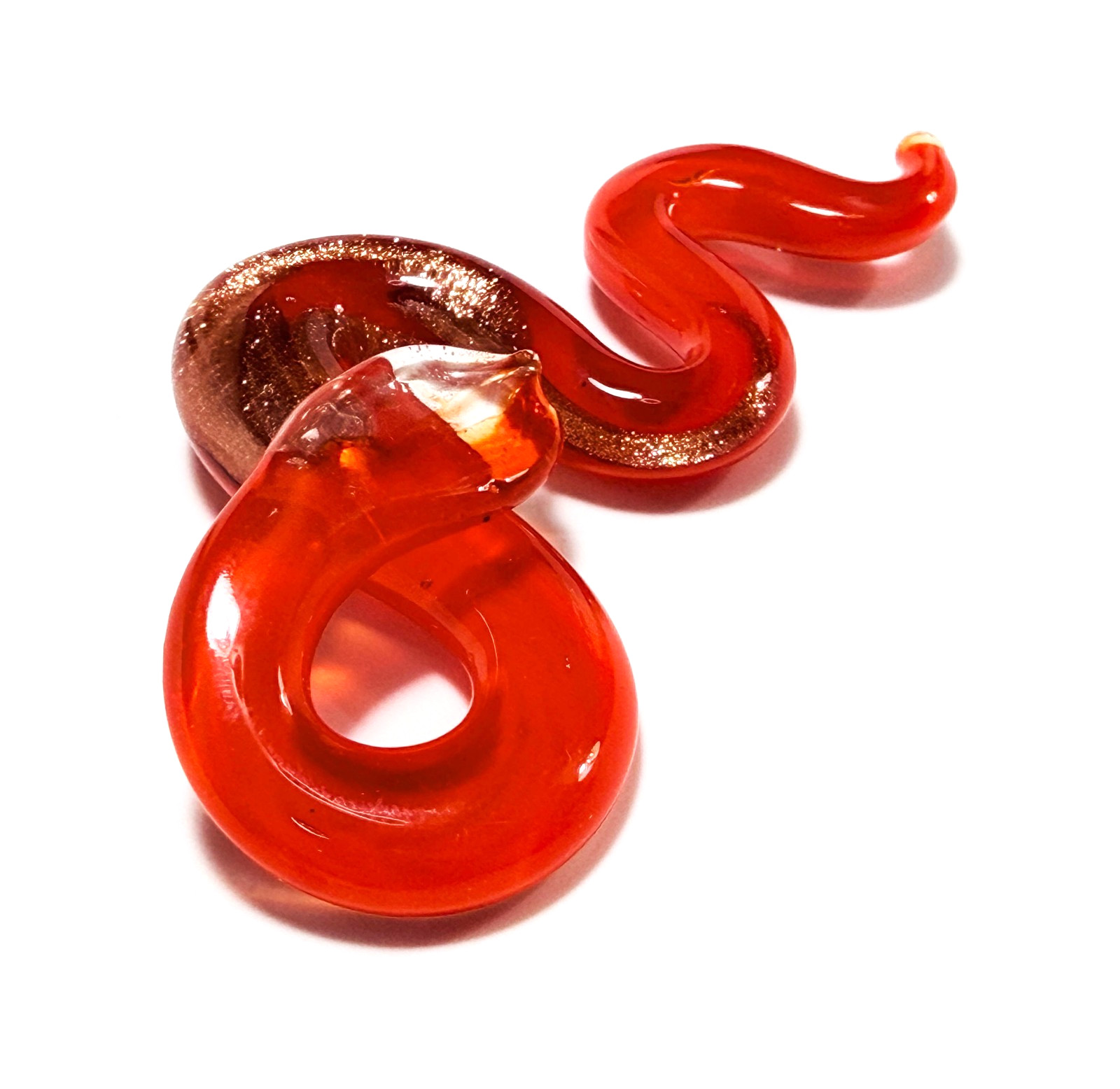 Red Lamp Work Snake with Gold Aventurina Art Glass Pendant 2 1/2 inches EUC