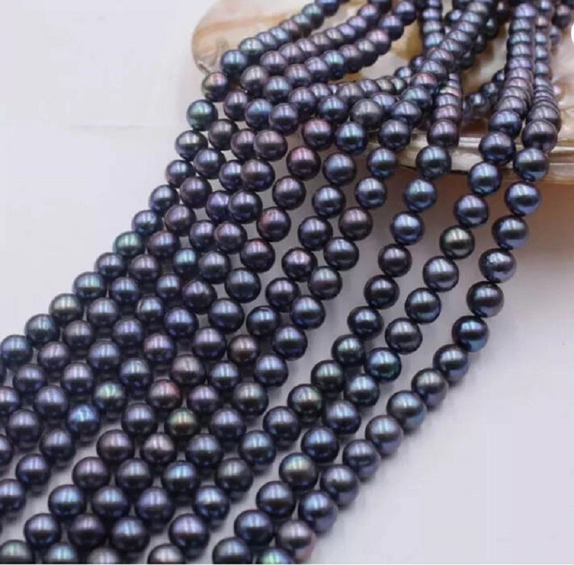 Perfect AAA+7-8mm Natural Black Tahitian Round Pearl Necklace 14K Gold 16/36inch