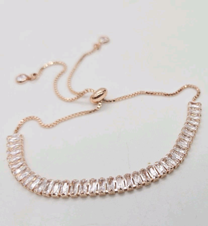 Tennis Bracelet Crystal Rhinestone Baguette Rose Gold Tone Drawstring Closure