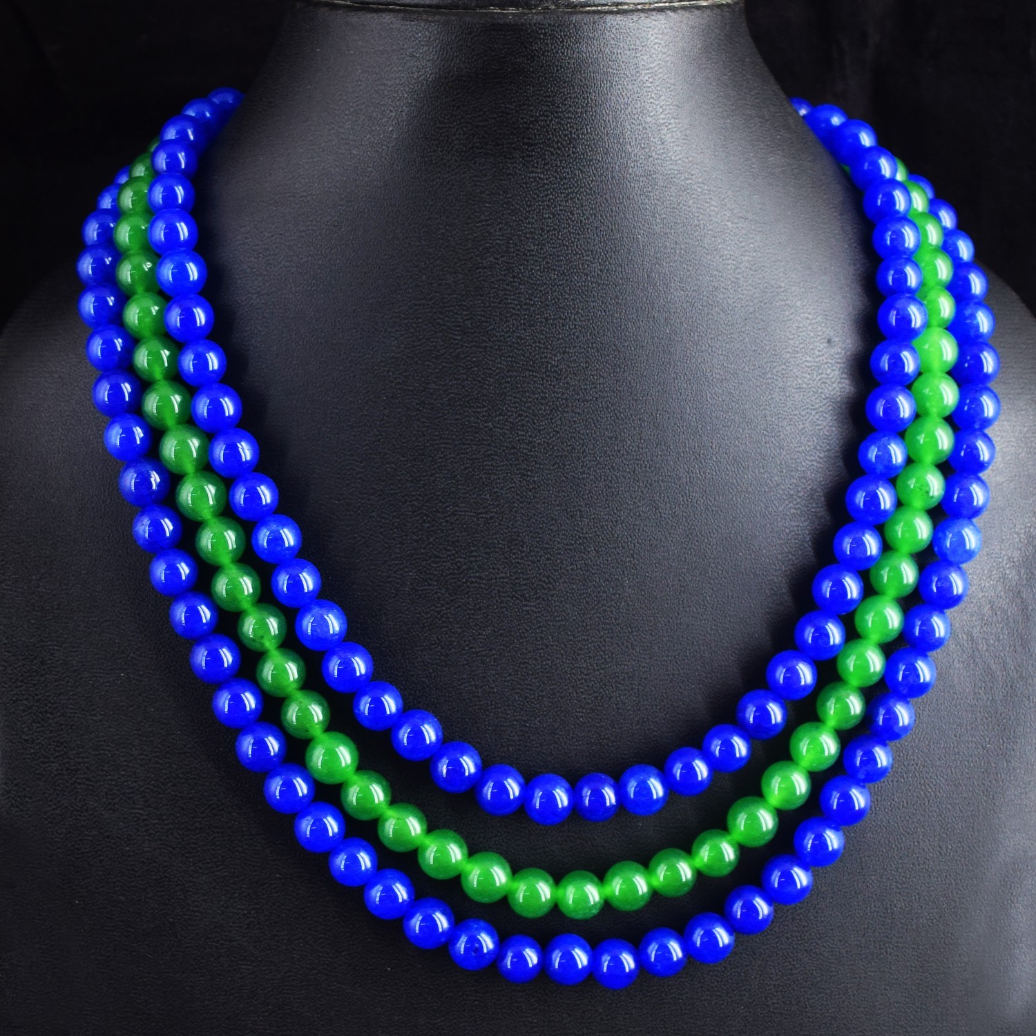 3 Strand 700.00 Cts Blue & Green Onyx Gorgeous Beaded Necklace Jewelry RK 13E822