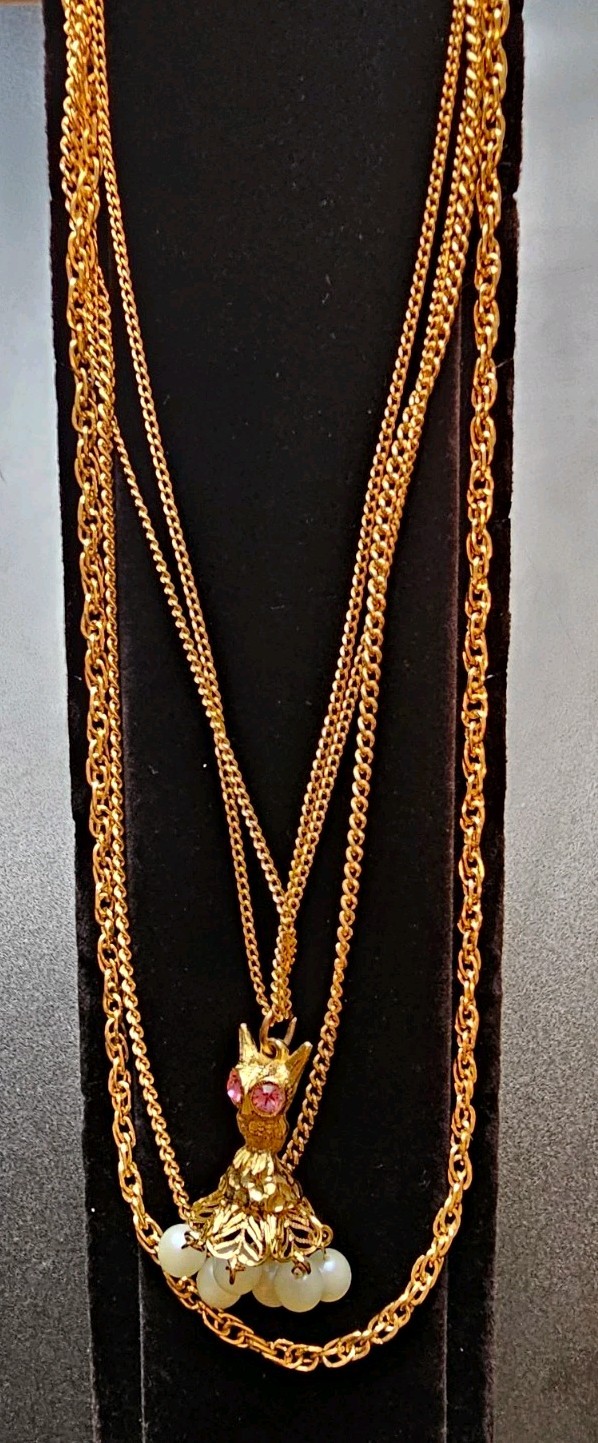 Gold Tone Layered Cable Chain Necklace Animal Charm Pendant Pink Round Crystal