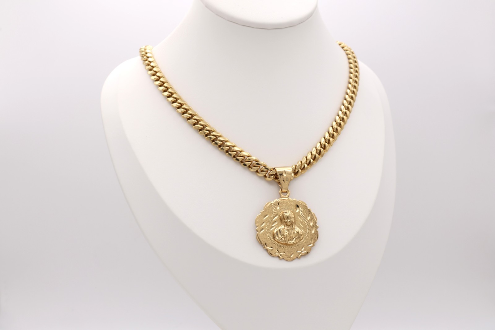 14K Gold Plated Virgin Mary Pendant Necklace 7mm Curb Link Chain Men’s/Women’s