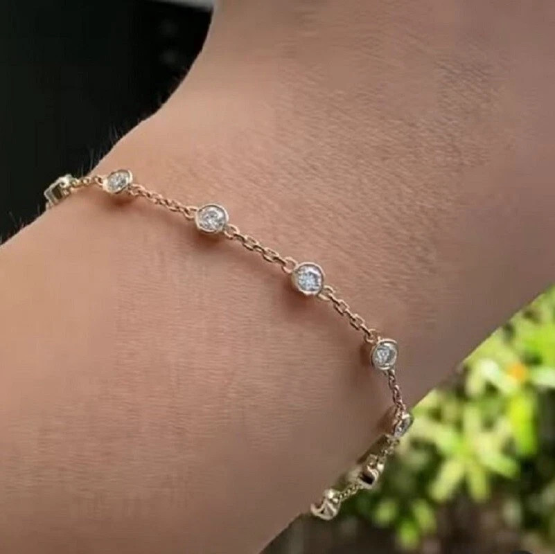4mm Round Cut VVS1 Moissanite Bezel Set 8″ Bracelet 14K Yellow Gold Plated