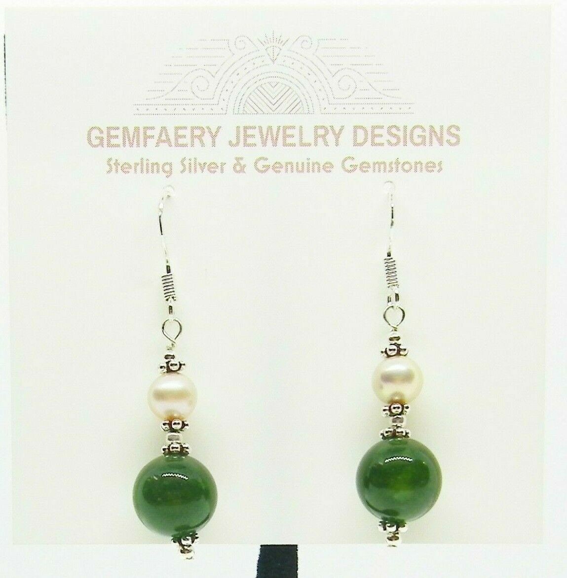 Sterling Silver Natural NEPHRITE JADE & PEARL Dangle Earrings…Handmade USA