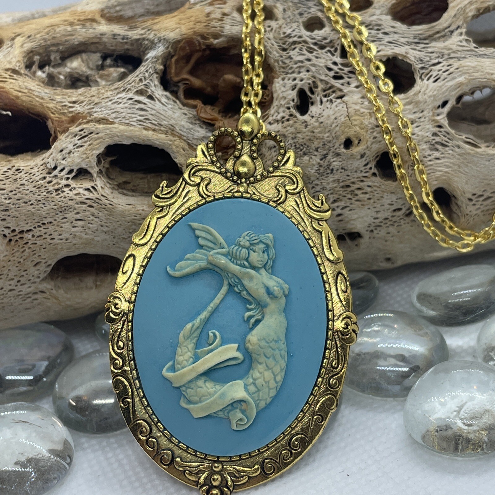 Mermaid Beach BFF Sister Sea Goddess WEDDING Siren Cameo Necklace Teal Gold New