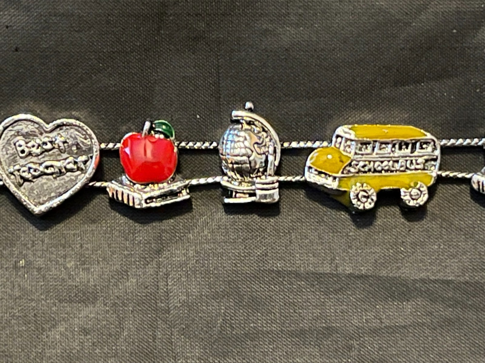 Adorable Best Teacher School Apple Globe Bus Silver Fashion Slide Bracelet NEW!