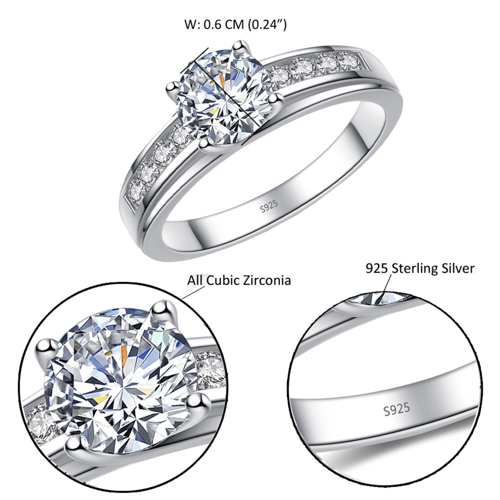 Solid 925 Sterling Silver Solitaire 1.50 Ct Round Cubic Zirconia Engagement Ring