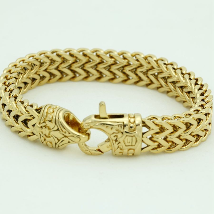 Men’s 8.5″ Stainless-Steel,Black 12mm Buckle Franco Bracelet Gold Plated *Box
