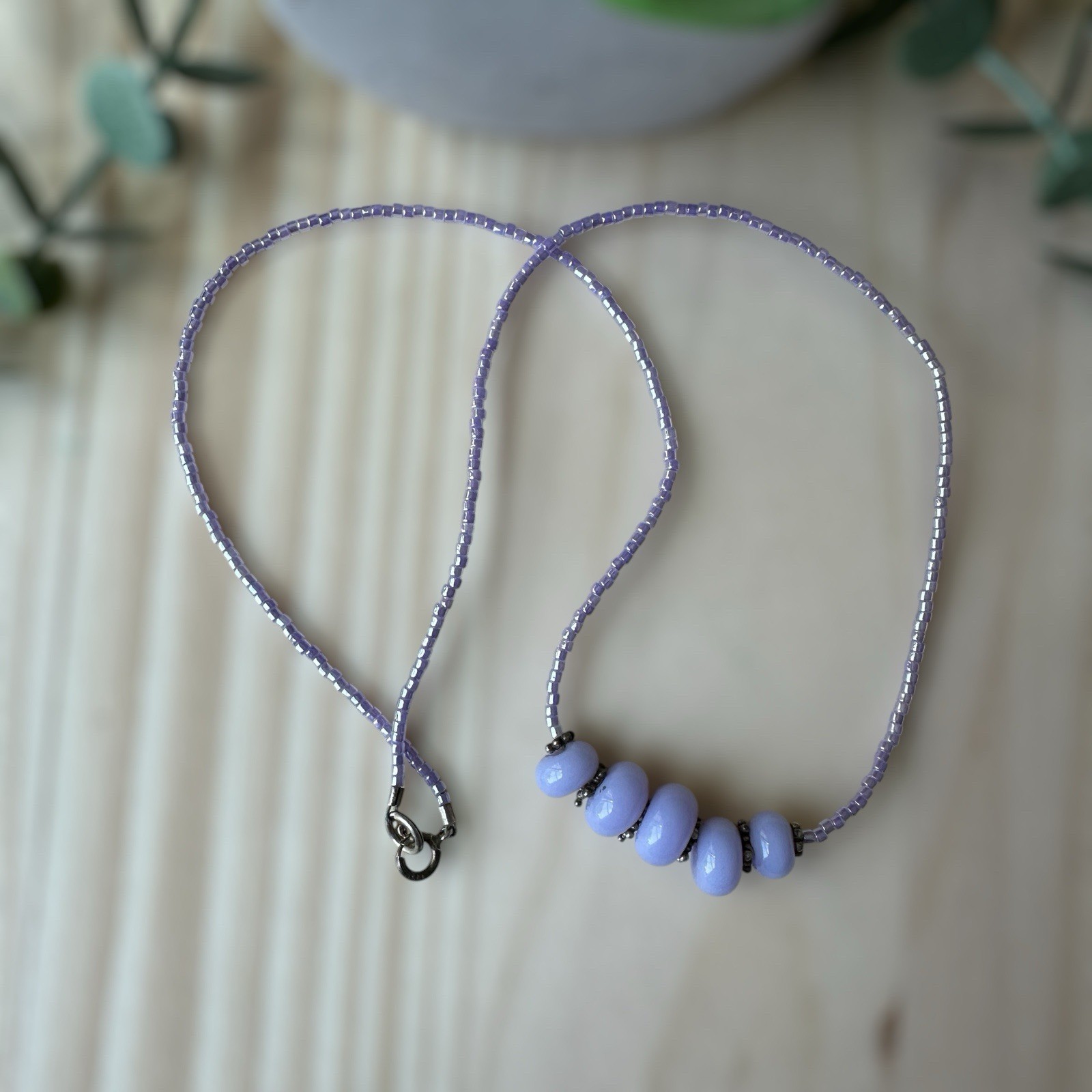Vintage Necklace 15 Inch Lavender Glass Beads 925 Sterling Silver Clasp Spacers