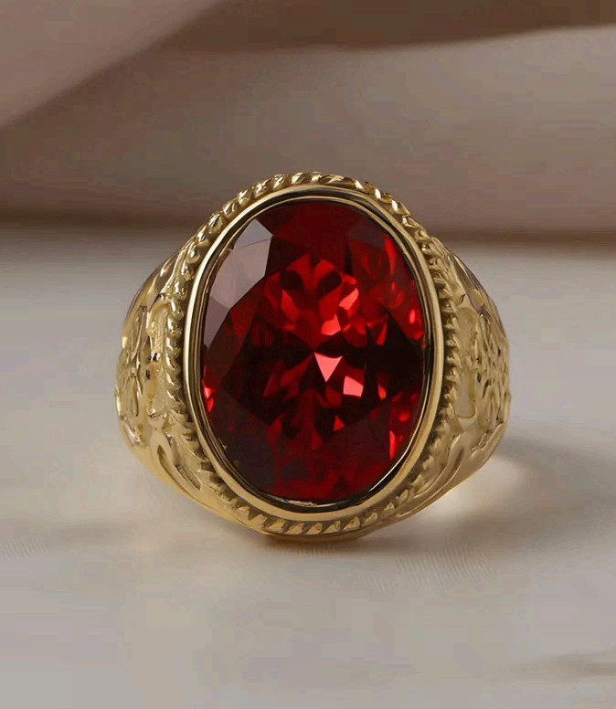 Red Stone Signet Ring Surgical Steel Gold Tone Statement Band