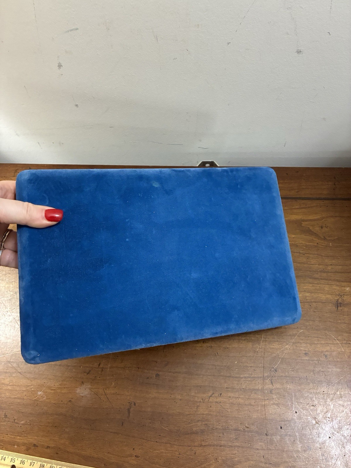Vintage Mele Blue Velvet Hinged Clamshell Travel Jewelry Box 10×6.5” Mirror EUC