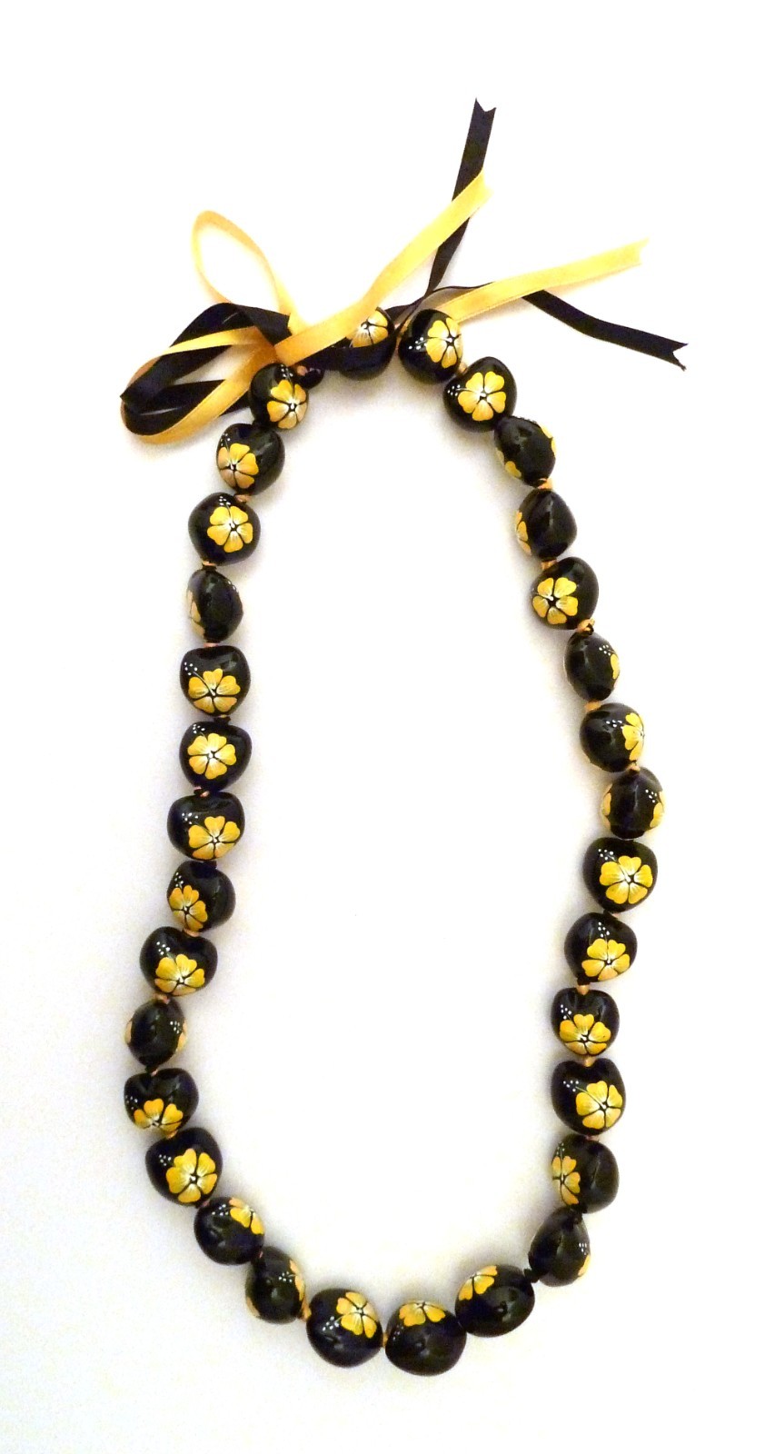 Hawaiian Kukui Nut Lei -Black with Yellow & White Hibiscus