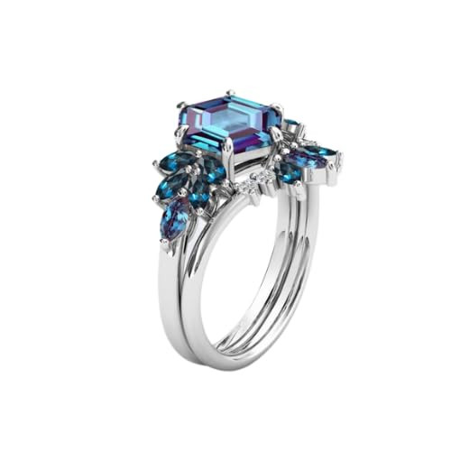 2Pcs Hexagon Cut 925 Silver Cluster Engagement Ring Set for Women (Alexandrite)