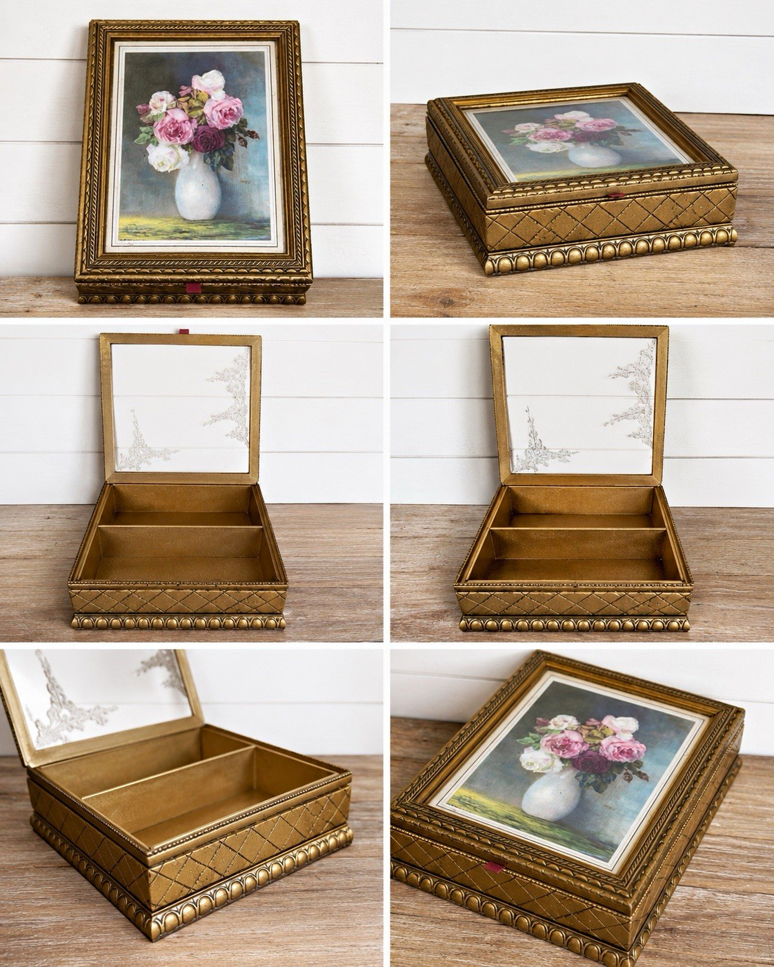 Antique Glass Top Jewelry Box Floral Print Vanity Trinket Box Gold Tone Mirror