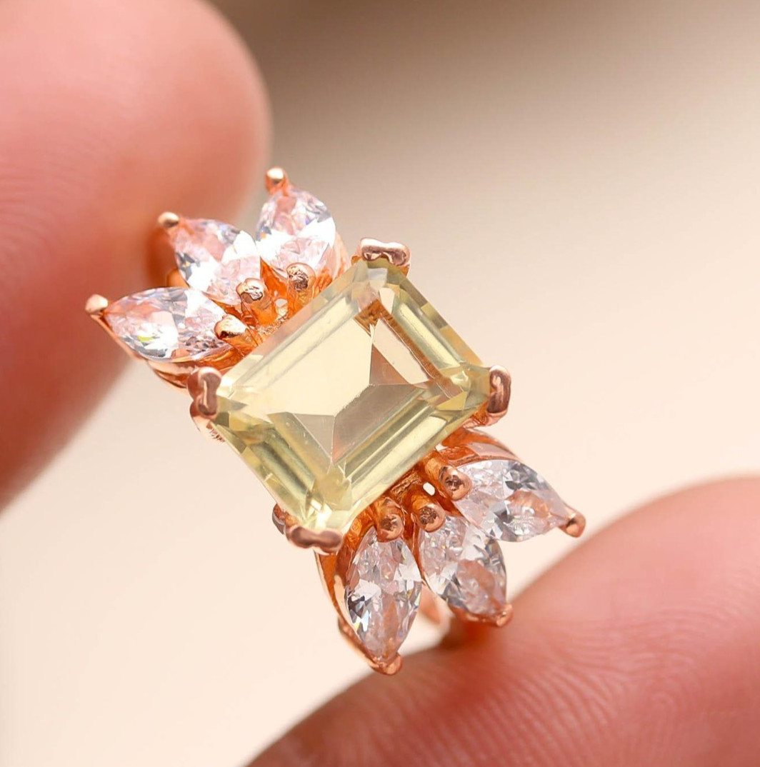 Natural Lemon Quartz Octagon Ring Rose Gold Fill Solid Silver Meditation Jewelry