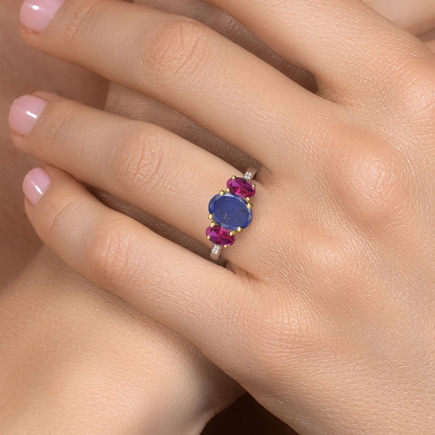 925 Silver and 10K Yellow Gold Blue Lapis and Created Ruby and Lab Grown
